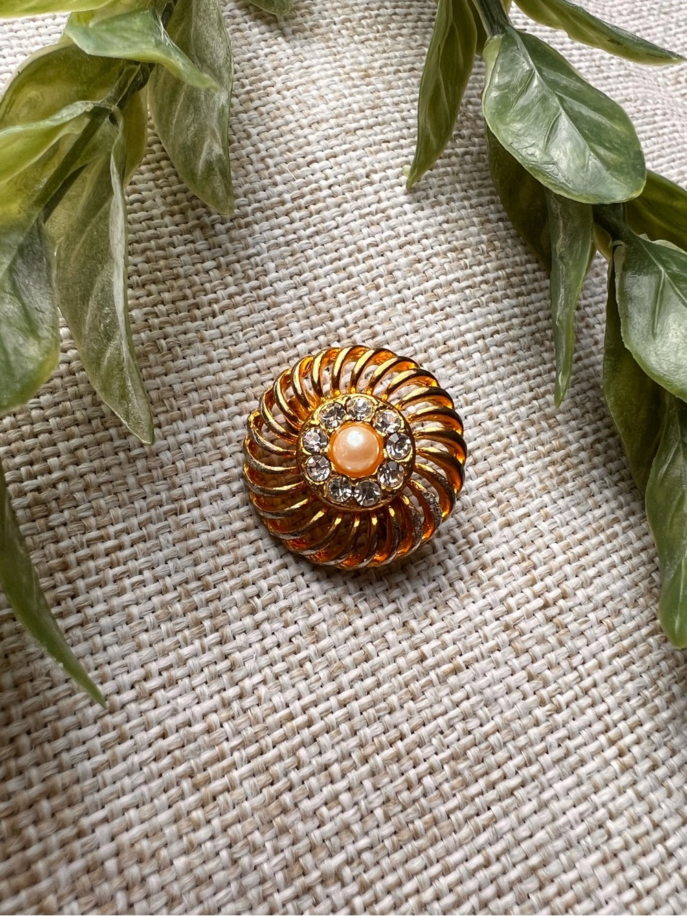 VINTAGE Gold Faux Pearl Spiral Brooch Pin with Crystals